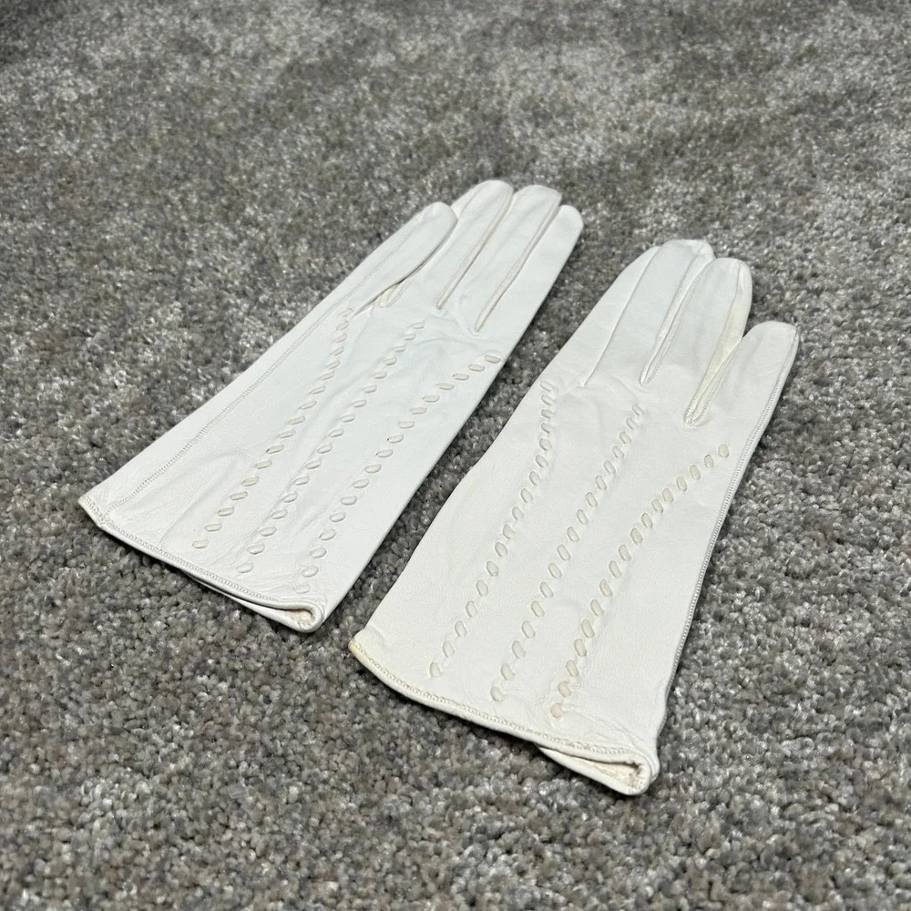 Vintage White Leather Dress Gloves Mid Length Decorative‎ Stitching Size 7.75